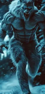 A fierce werewolf runs through a snowy, blue-tinted forest landscape.