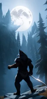 Werewolf under a full moon in a dark forest.