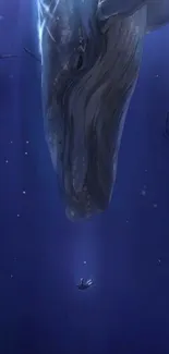 Majestic whale against deep blue ocean background.