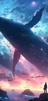 Majestic whale soaring in a dreamy, colorful fantasy sky over the ocean.