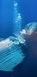 Whales swimming in deep blue ocean waters creating a mesmerizing aquatic scene.