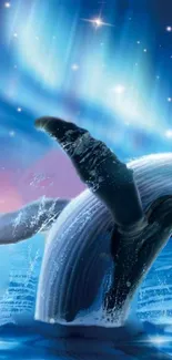 Whale breaching under the aurora lights in a calm ocean scene.