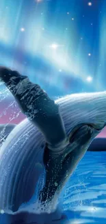 Whale breaching under colorful aurora lights over the ocean.