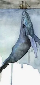 Watercolor art of a whale with a ship in the background.