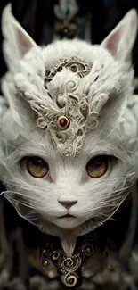 Fantasy white cat with ornate decorations on a black background.