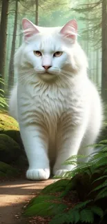 Majestic white cat walking in a lush forest path.