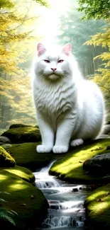 Majestic white cat sits serenely in a lush green forest landscape.