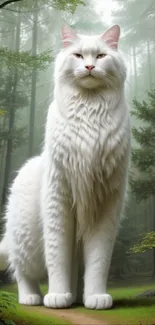 Majestic white cat standing in a lush forest with a serene backdrop.