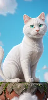 Realistic white cat on a wooden perch under a bright blue sky with fluffy clouds.