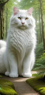 Majestic white cat standing in a lush green forest pathway.