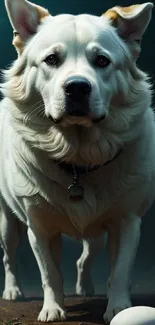 Majestic white dog standing in a misty forest, creating a serene wallpaper.