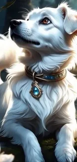 Majestic white dog with a jewel necklace in a fantasy setting.