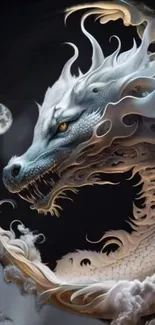 White dragon art wallpaper with moonlit sky.