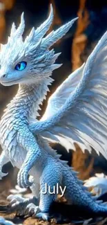 White dragon with blue eyes in a mystical setting.