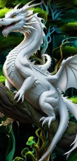 Majestic white dragon on a tree with lush green background.