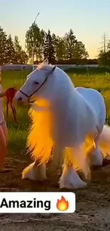 Majestic white horse glowing in sunset light with a golden hue background.