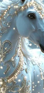 Majestic white horse with sparkling decorations.