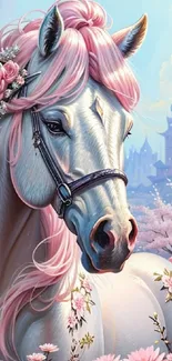 White horse with pink mane and blossoms, fantasy castle background.