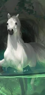 White horse in a green lake with mystical surroundings.