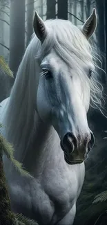 Majestic white horse standing in a dark forest, exuding elegance and serenity.