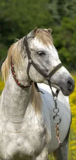 Majestic white horse standing in a lush green field with vibrant yellow flowers.