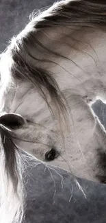 Majestic white horse with flowing mane in a serene background.