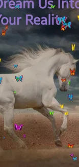 Majestic white horse in desert with dark stormy sky.