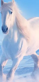 White horse galloping in a snowy landscape.