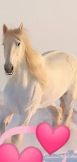 White horse galloping in snow with pink hearts.