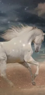 White horse galloping on sand against a starlit night sky.