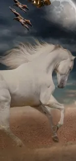 White horse galloping under moonlit sky with birds in the desert.