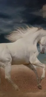 A white horse galloping under a dramatic cloudy sky.