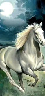 Majestic white horse galloping under a moonlit sky on mobile wallpaper.