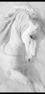 Majestic white horse in motion, black and white wallpaper.