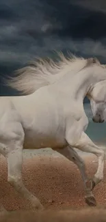 Majestic white horse galloping across a desert under a dramatic sky.