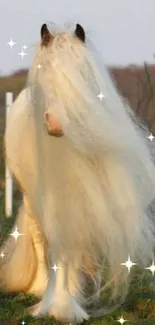 Majestic white horse with long mane in nature.