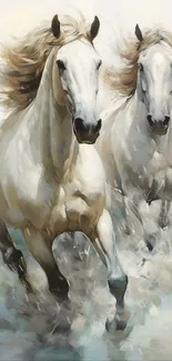 Two majestic white horses galloping gracefully.