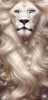 Majestic white lion with pearl-like bubbles encircling its flowing mane.