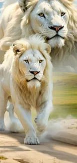 Majestic white lion mobile wallpaper with nature background.