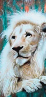 Majestic white lion against a teal background.