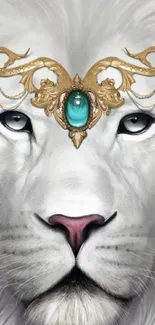 White lion with golden jewelry on a mystical background.