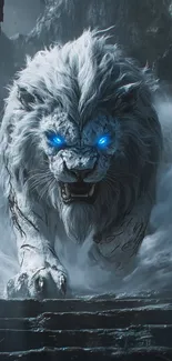 Fantasy artwork depicting a majestic white lion with glowing blue eyes.