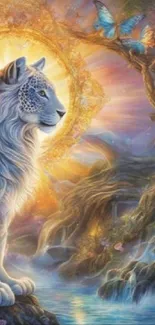 Majestic white lion with vibrant fantasy background.