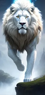 Majestic white lion jumps over a cliff in a fantasy landscape.