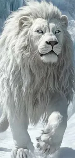 A majestic white lion standing in a snowy, icy landscape.