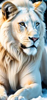 Majestic white lion resting in snowy forest