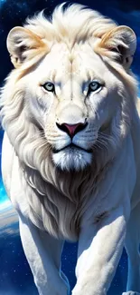 White lion in space with a starry galaxy background.