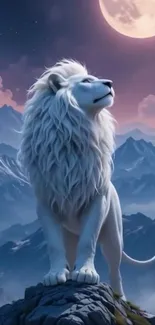 Majestic white lion under a full moon with mountain scenery