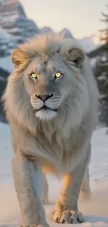 Majestic white lion in a snowy mountain landscape.