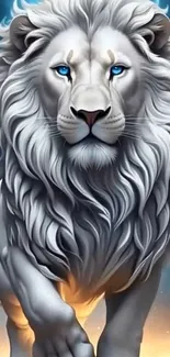 Fantasy art of a majestic white lion with blue eyes.